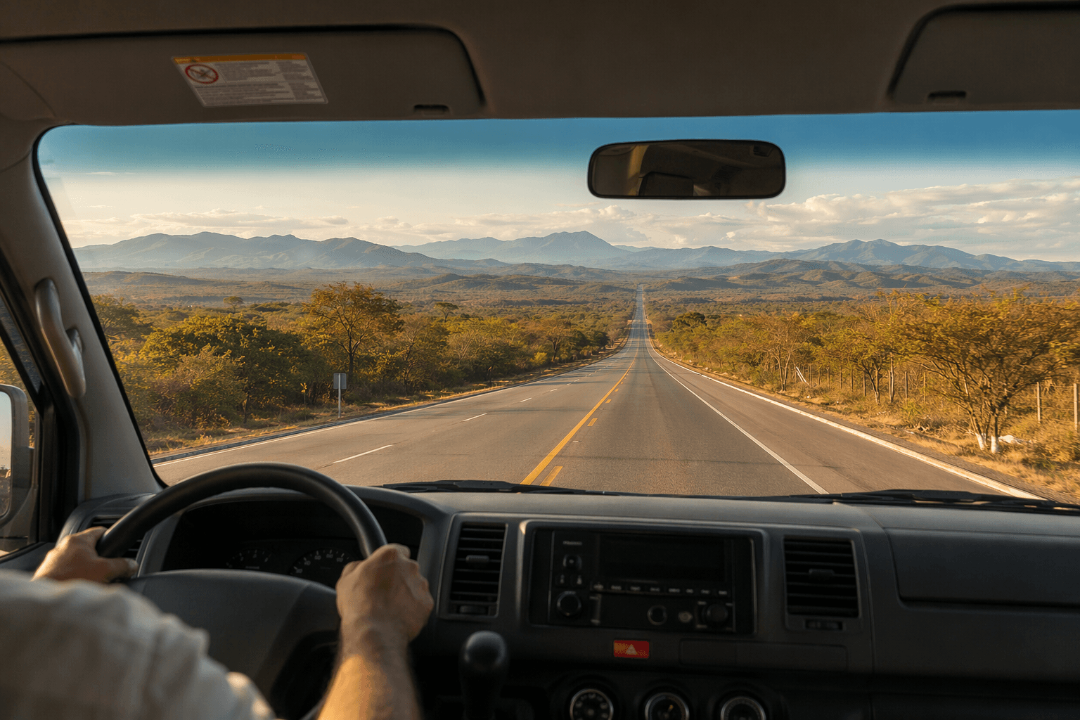 Private shuttle van driving through Guanacaste toward Arenal Volcano, Costa Rica