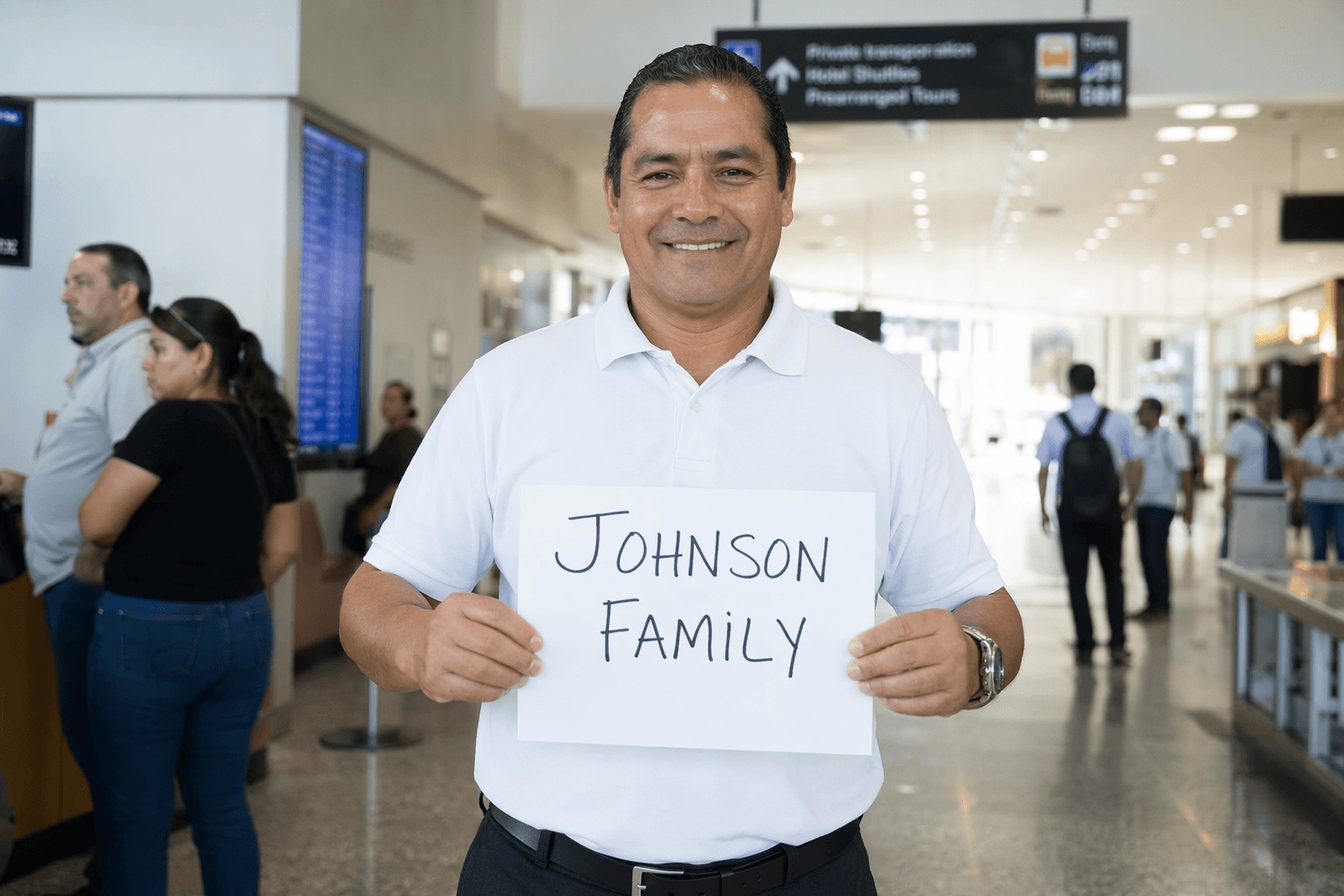 Private shuttle driver holding name sign at airport arrivals