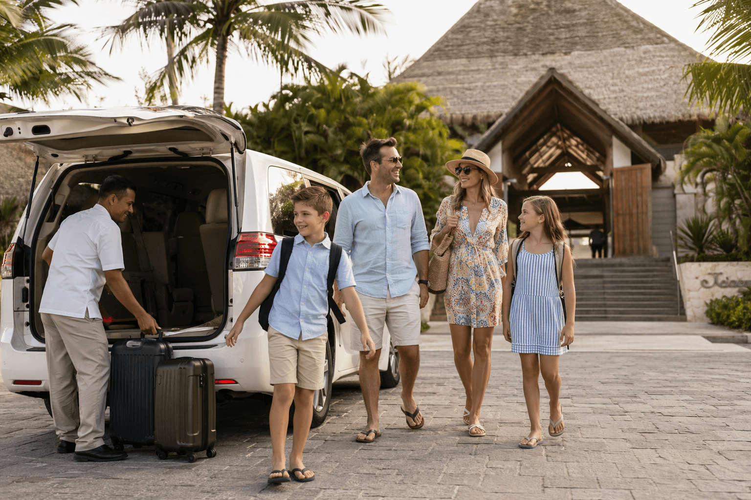 Family arriving at Costa Rica beach resort by private shuttle