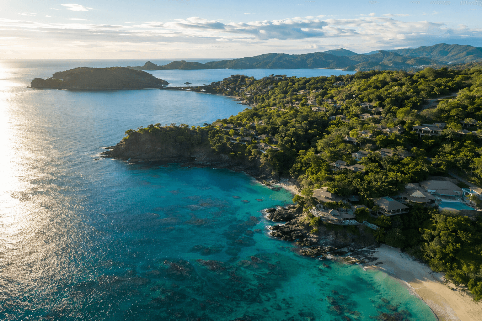 Aerial view of Papagayo Peninsula coastline, Guanacaste Costa Rica