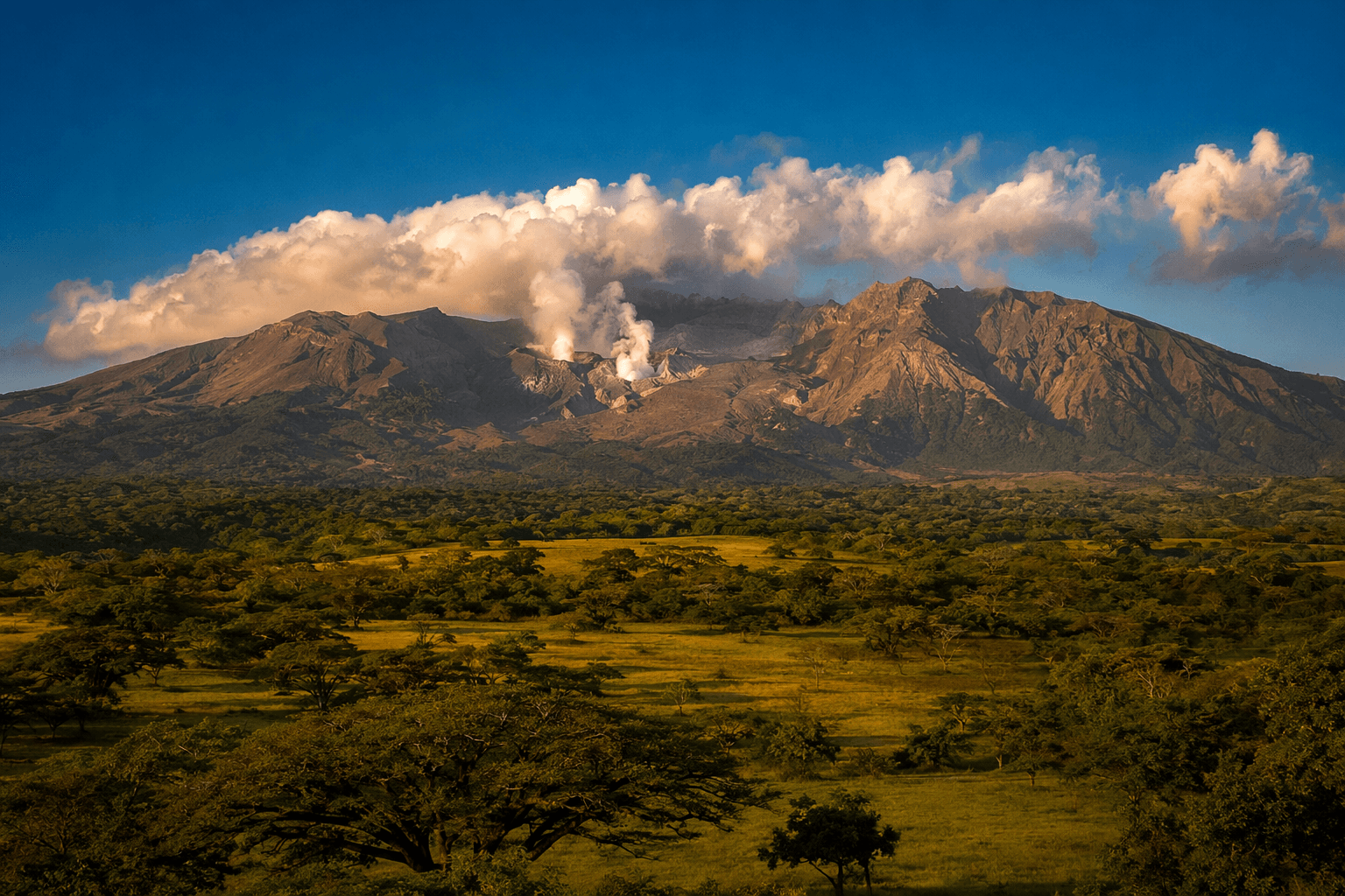 Rincón de la Vieja volcano steaming at sunset, Guanacaste Costa Rica